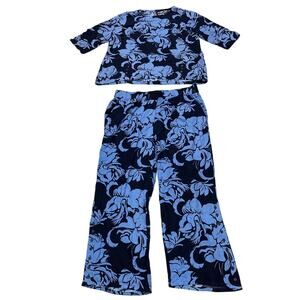 Soft Surroundings Womens 1X Blue 2 Piece Set Outfit Blouse Pants Vacation Resort